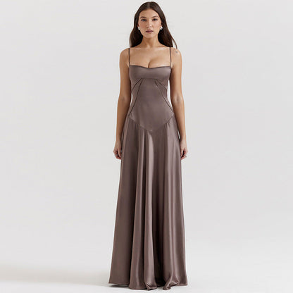 Ladies Formal Satin A-Line Gown with Spaghetti Straps