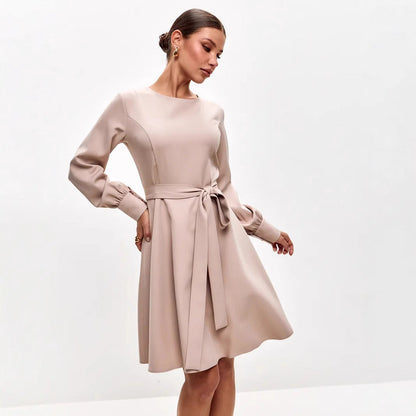 Fitted Ladies Midi Dress with Waist Tie and Long Sleeves - Nocini