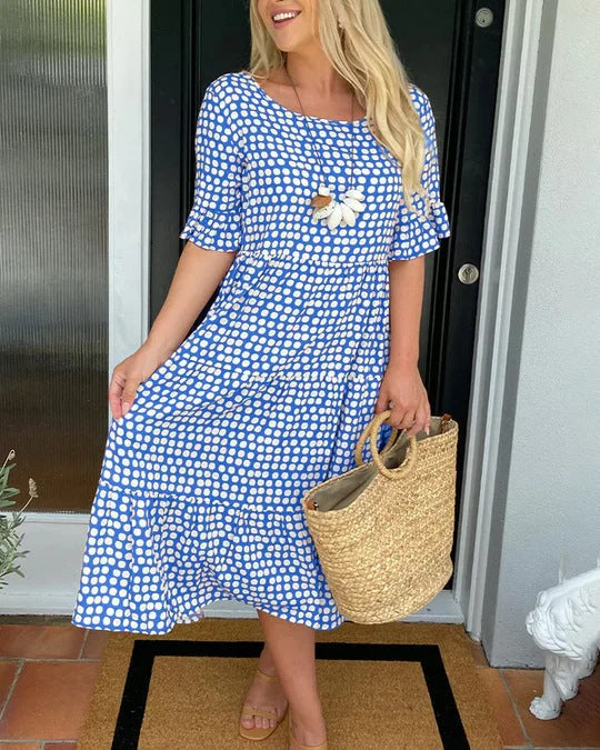 Floral Midi Dress with Ruffles and Round Neckline