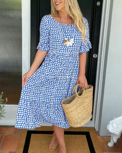 Floral Midi Dress with Ruffles and Round Neckline