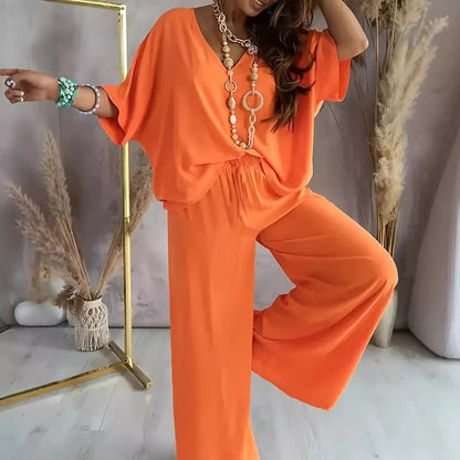Ladies' Casual V-Neck Top and Loose Fit Pants Set
