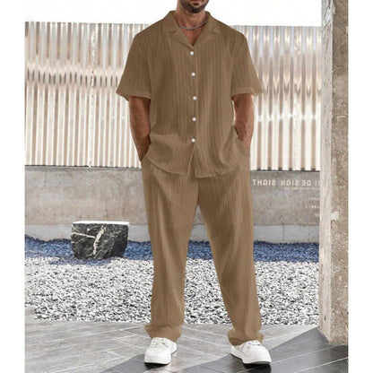 Casual Fit Men's Short Sleeve Shirt and Straight Pants Set