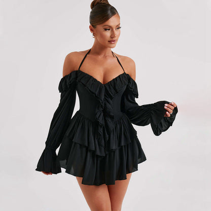 Feminine Halterneck Romper with Ruffled Long Sleeves