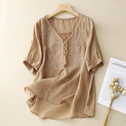 Relaxed Fit V-Neck Women's Top with Embroidery