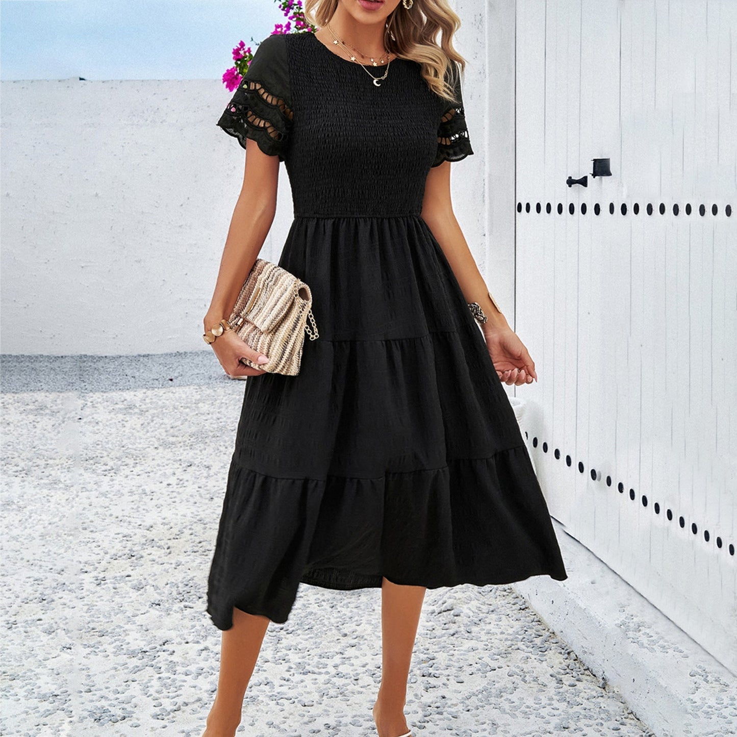 Relaxed Fit Women's Dress with Ruffled Top and Tiered Skirt - Nocini