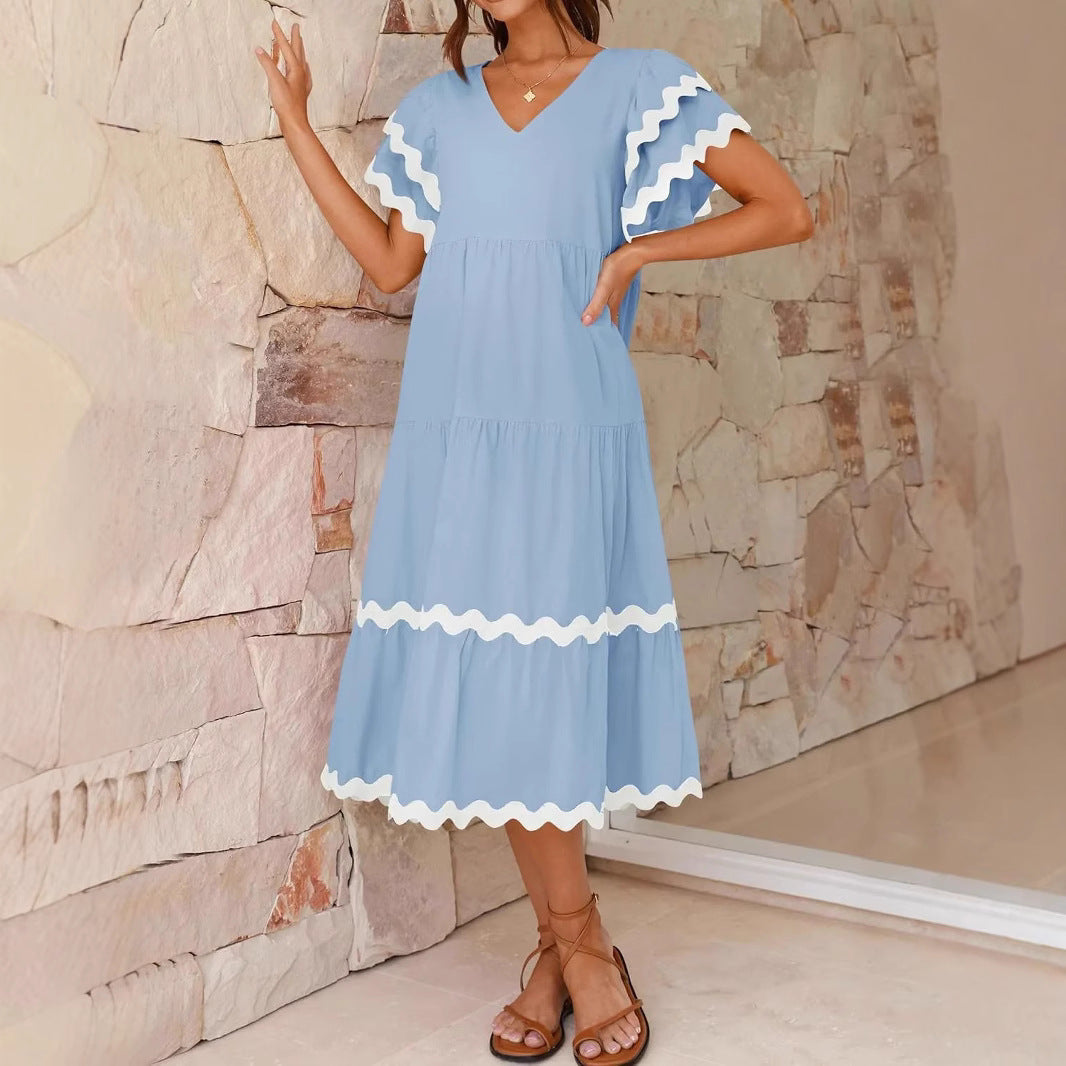 Casual V Neck Ruffle Sleeve Summer Dress - Nocini