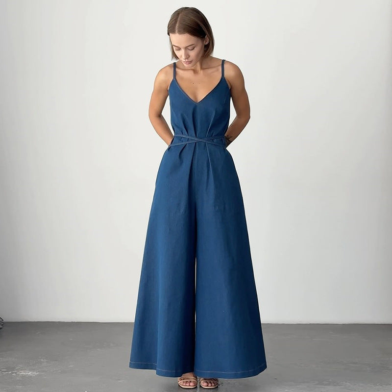 Relaxed Fit Women's V-Neck Linen Jumpsuit - Nocini