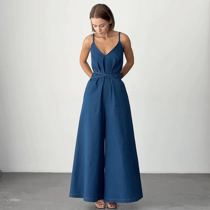 Relaxed Fit Women's V-Neck Linen Jumpsuit - Nocini