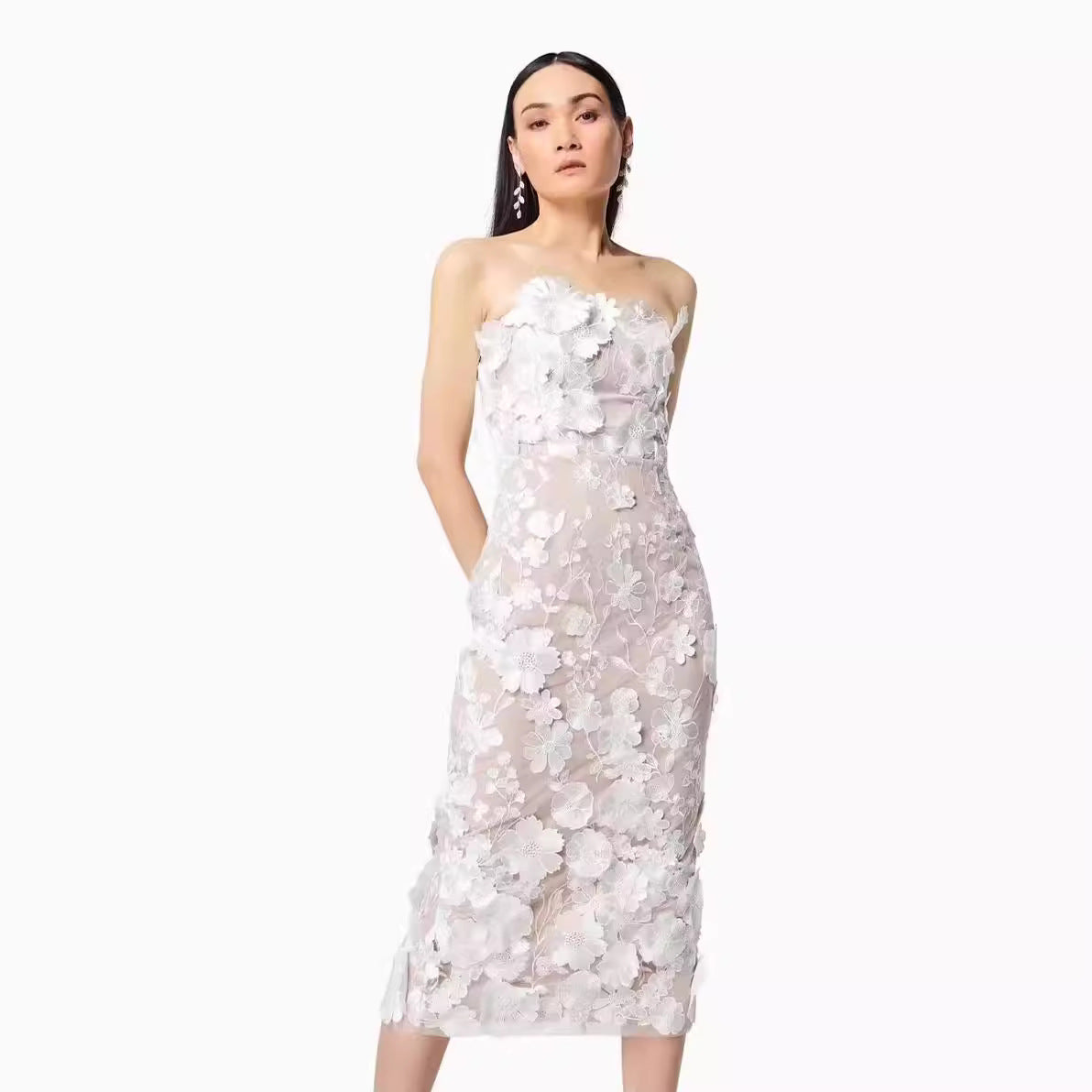 Women's Elegant Strapless Midi Tulle Dress