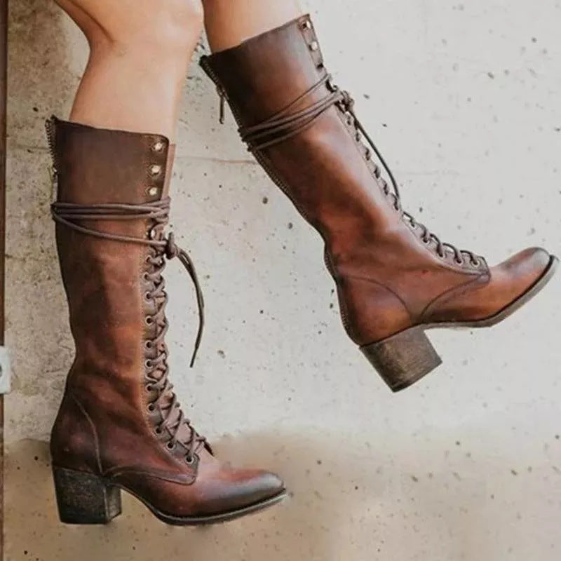 Tall Women's Boots with Block Heel and Lace Up Detail