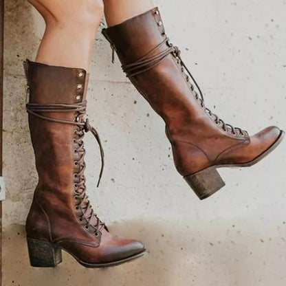 Tall Women's Boots with Block Heel and Lace Up Detail