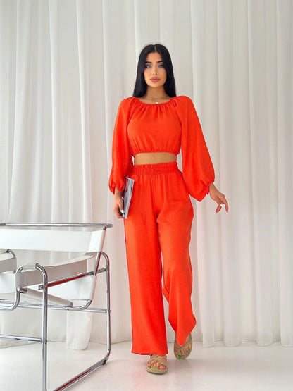 Ladies' Set - Cold Shoulder Cropped Top with High Waist Pants