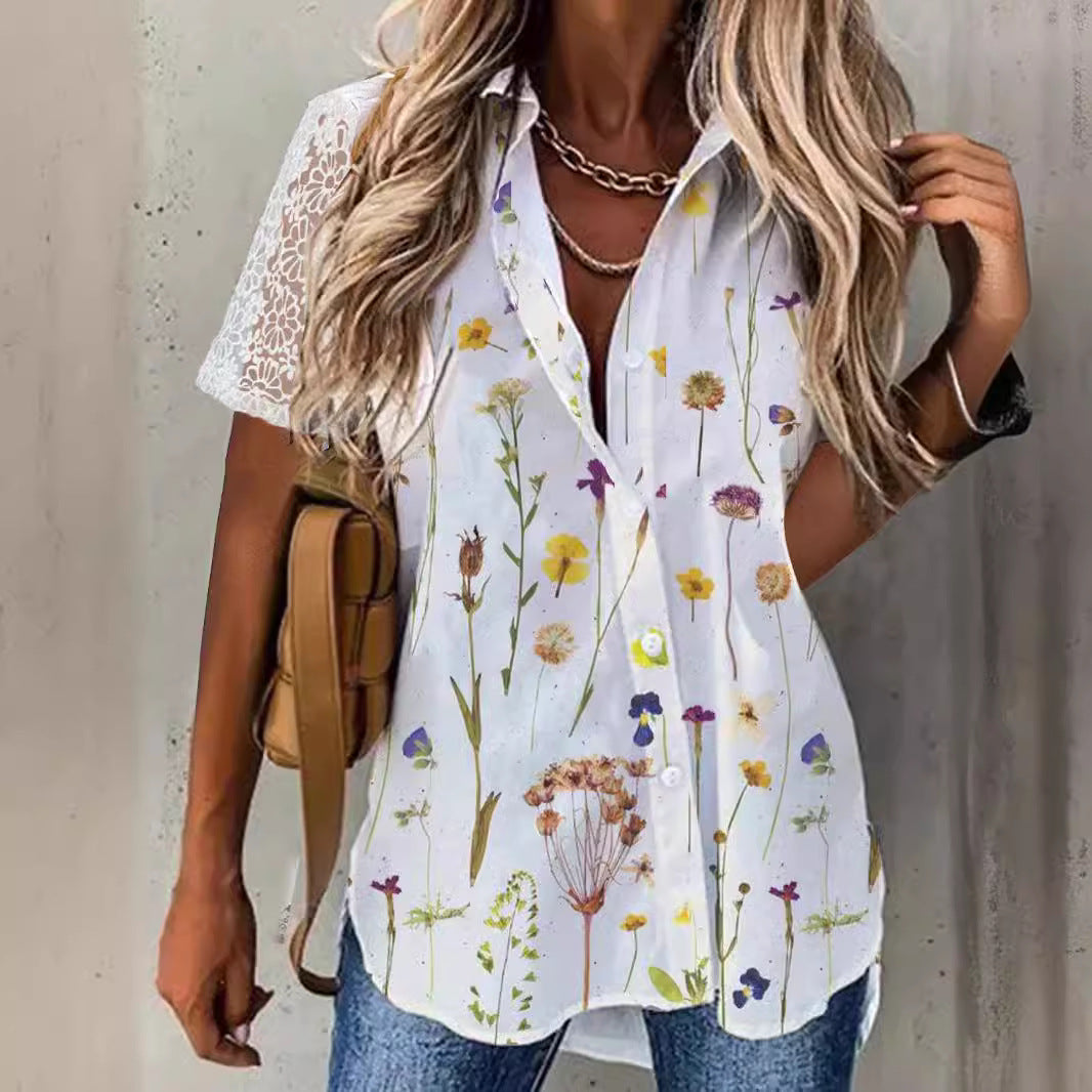 Loose Fit Floral Blouse with Lace Sleeves - Nocini
