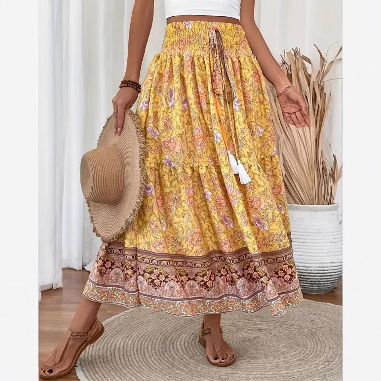 Flowy Long Floral Skirt with Elastic Waist