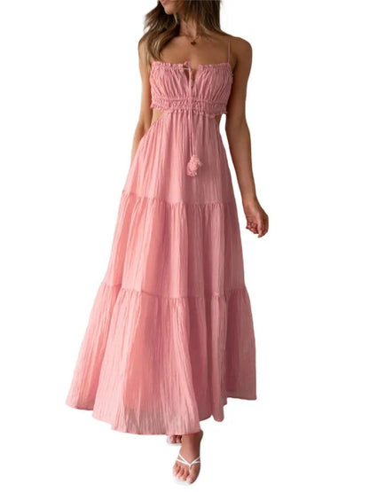 Loose Fit Maxi Dress with Layered Skirt and Open Back