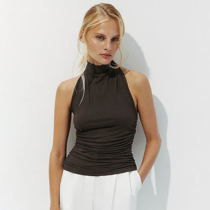 Feminine Fit Halter Top with Ruffled Waist and Backless Design