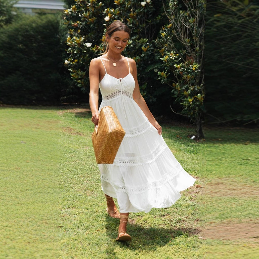 Elegant Midi Dress with Lace and Thin Straps - Nocini