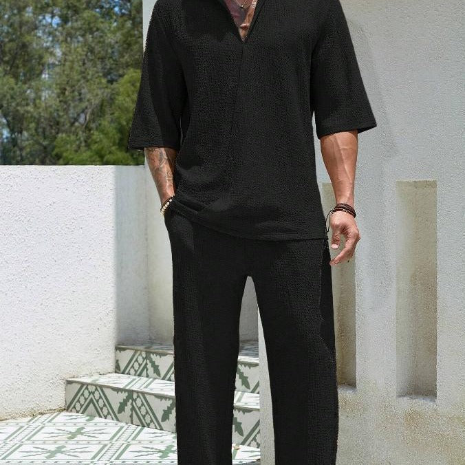 Casual Mens Pants Shirt Set Comfort Fit