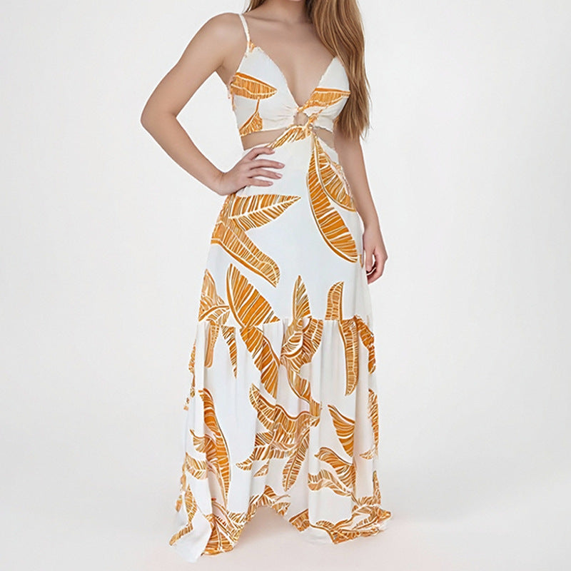 Flowy Maxi Dress with Halter Neck and Cut Out Waist