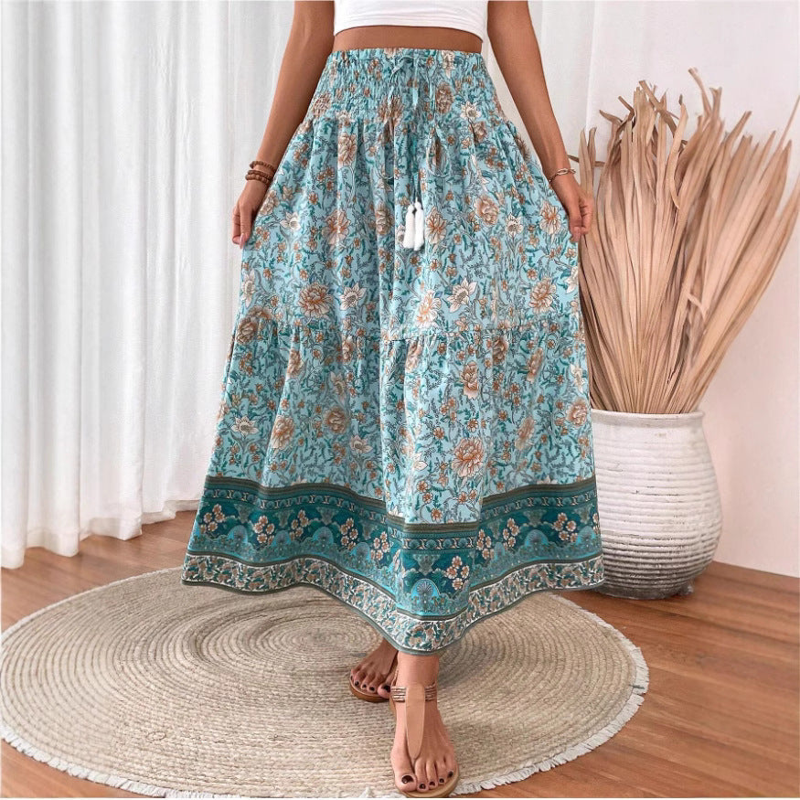 Flowy Long Floral Skirt with Elastic Waist - Nocini