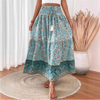 Flowy Long Floral Skirt with Elastic Waist - Nocini