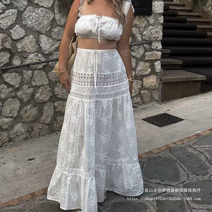 Ladies' 2-Piece Outfit - Cold Shoulder Top - Flowy Maxi Skirt