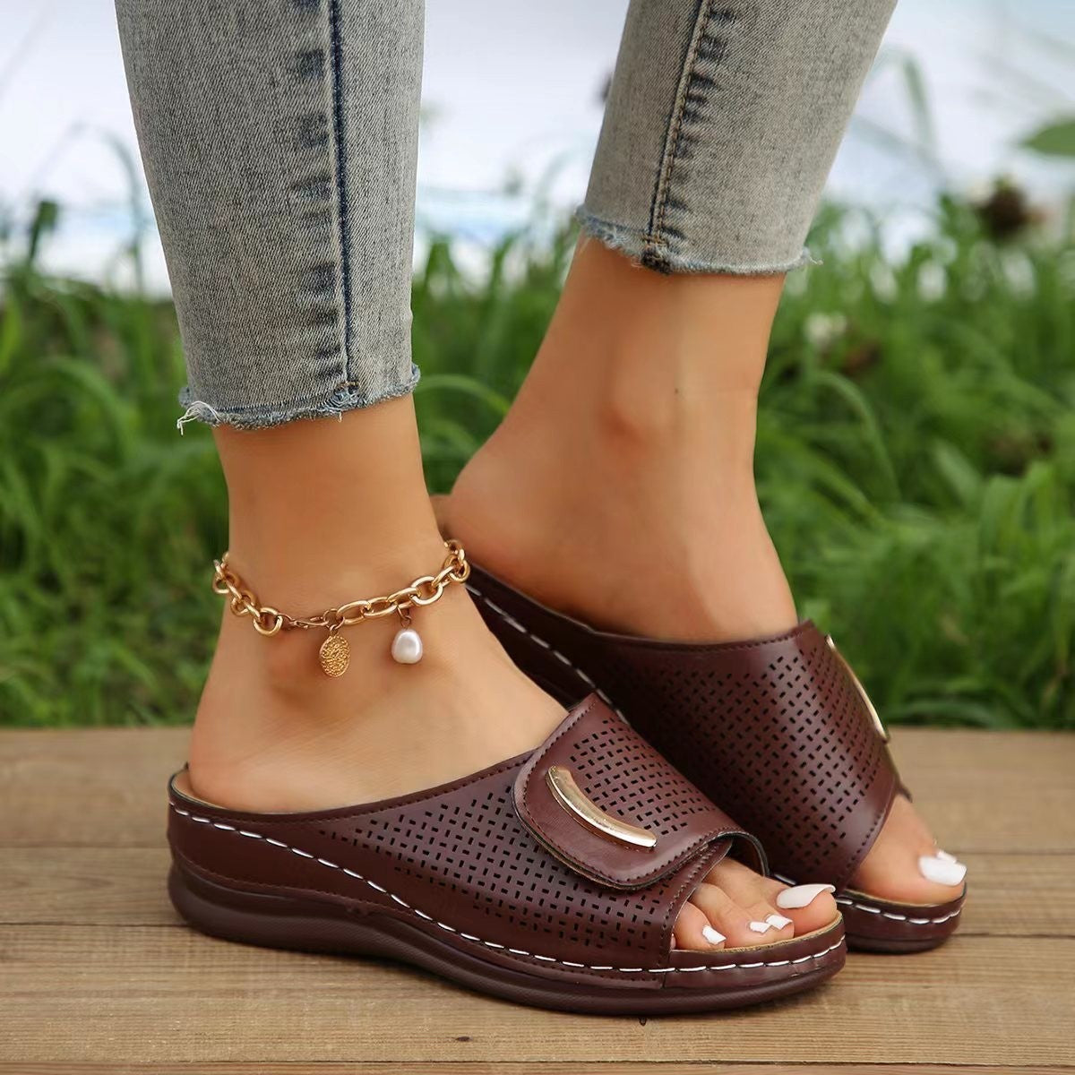 Ladies Comfortable Wedge Sandals with Wide Straps - Nocini