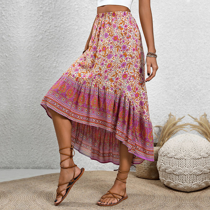 Flowy Floral Midi Skirt with Elastic Waist - Nocini