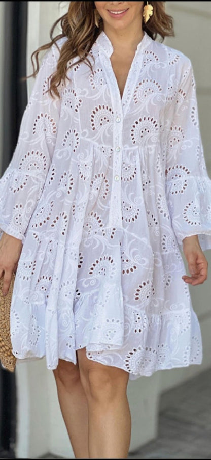 Feminine Ruffled Mini Dress with Lace Trim