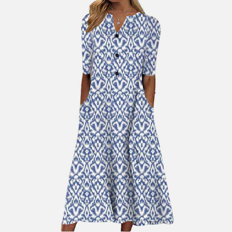 Ladies Casual Floral Midi Dress Half Sleeve Button Front - Nocini