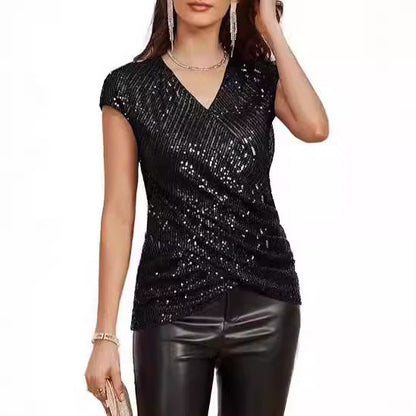 Women's V-Neck Sequin Blouse Slim Fit Top