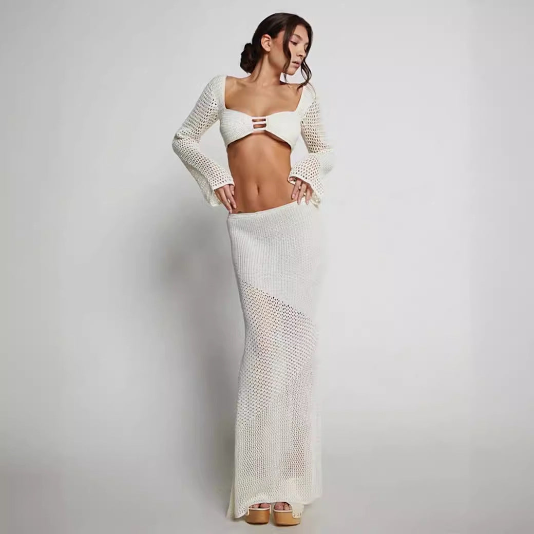 Women's Soft Knit Skirt Outfit - Fitted Long Sleeve Top Set