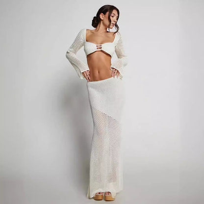 Women's Soft Knit Skirt Outfit - Fitted Long Sleeve Top Set