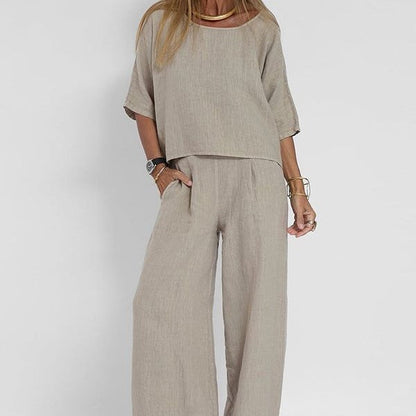 Casual Summer Short Sleeve Top and Loose Fit Pants Set