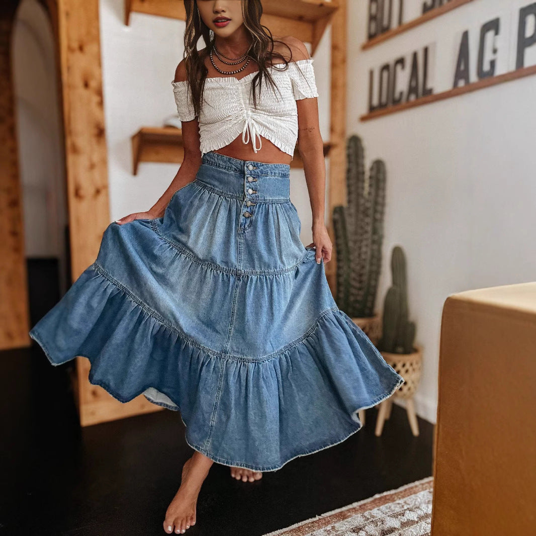 Flared Denim Skirt with Buttons and Tiered Hem
