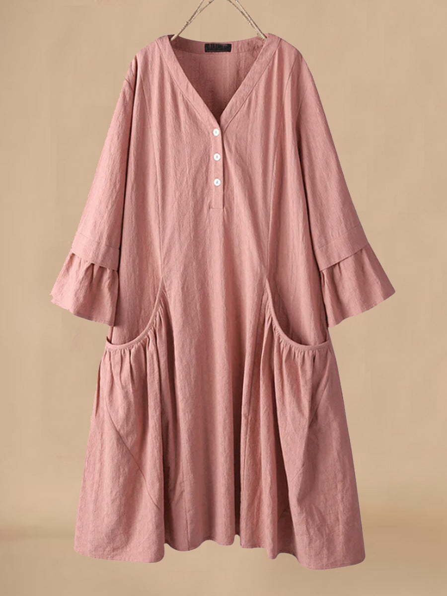 Casual Women's Midi Dress with V Neck and Ruffles