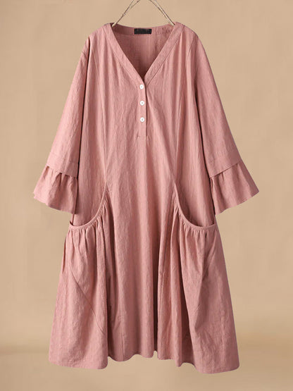 Casual Women's Midi Dress with V Neck and Ruffles