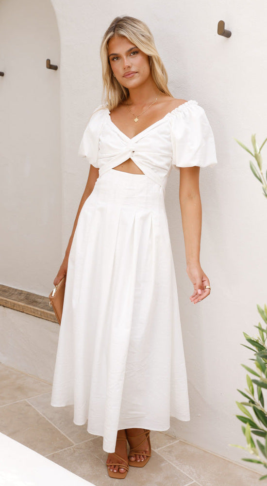 Elegant V-Neck Maxi Dress with Puffy Sleeves