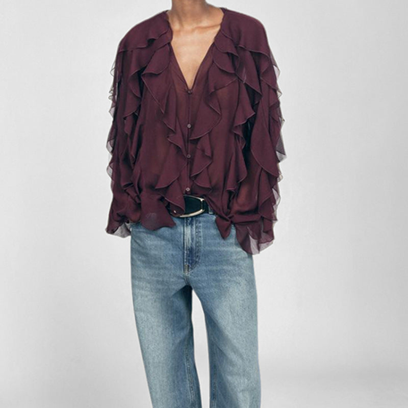 Relaxed Fit V-Neck Women's Blouse with Ruffles - Nocini