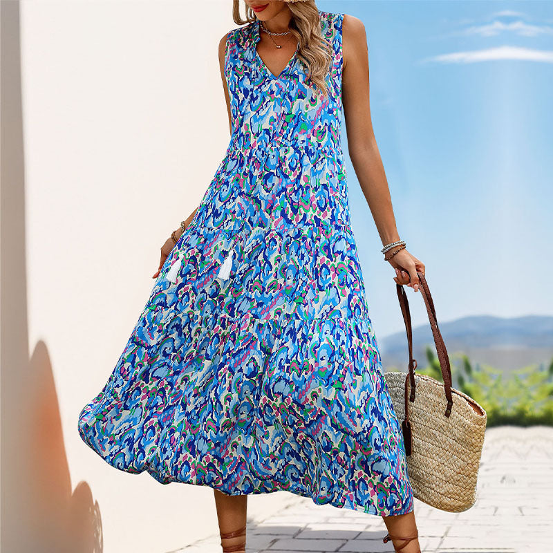 Summer V-Neck Cotton Midi Dress - Nocini