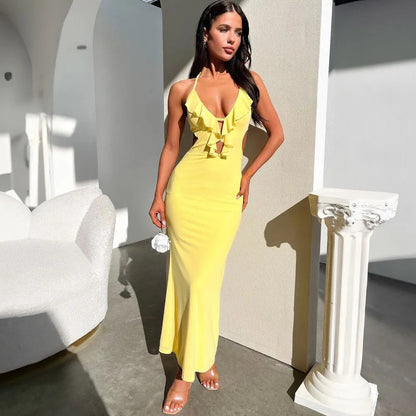 Long Sleeve Maxi Dress with V Neck and Ruffles - Nocini
