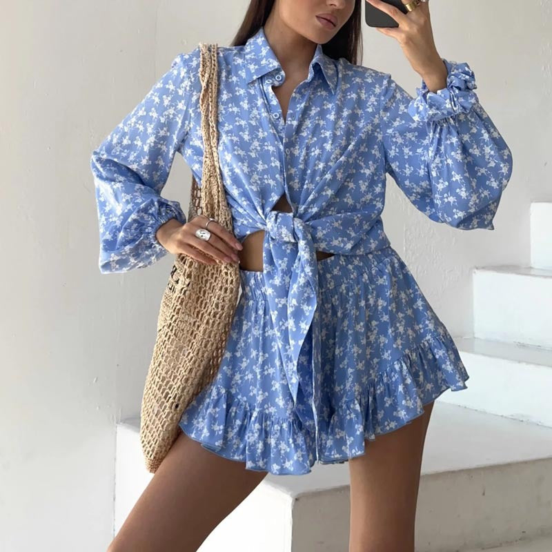 Ladies Summer Set - Casual Blouse with Flare Shorts - Nocini