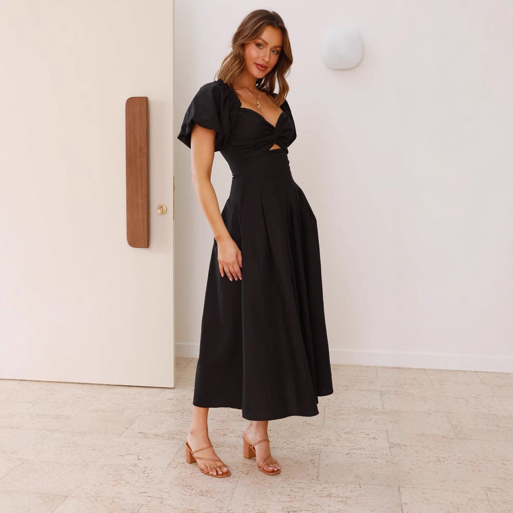 Elegant V-Neck Maxi Dress with Puffy Sleeves