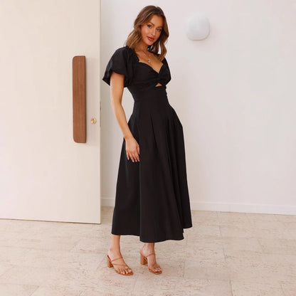 Elegant V-Neck Maxi Dress with Puffy Sleeves