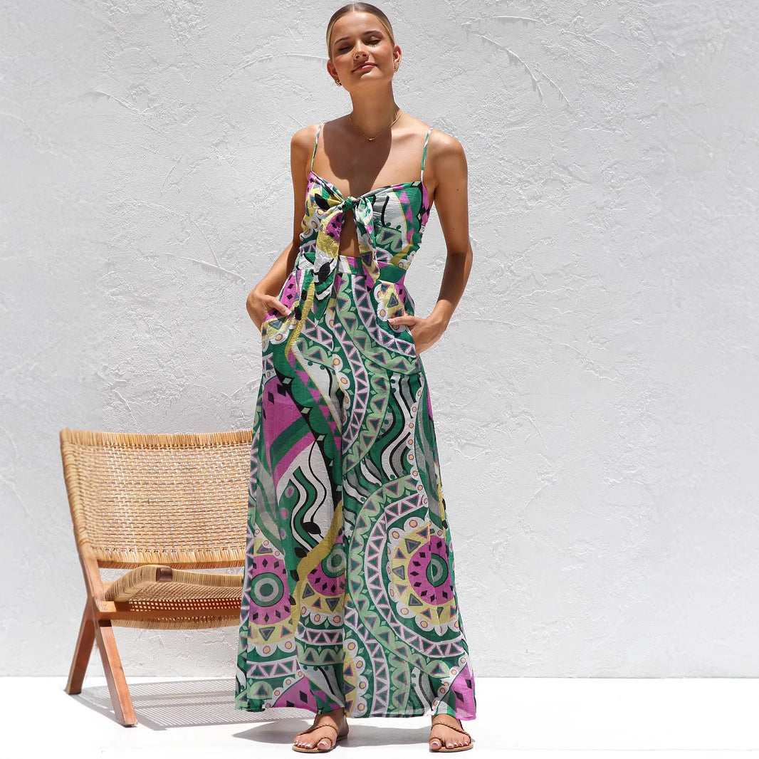 Comfy Women's Wide Leg Jumpsuit with Thin Straps - Nocini