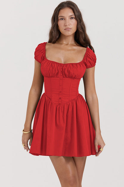 Petite Fit A-Line Dress with Puff Sleeves and Buttons