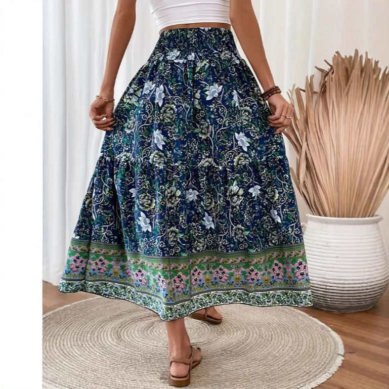 Flowy Long Floral Skirt with Elastic Waist