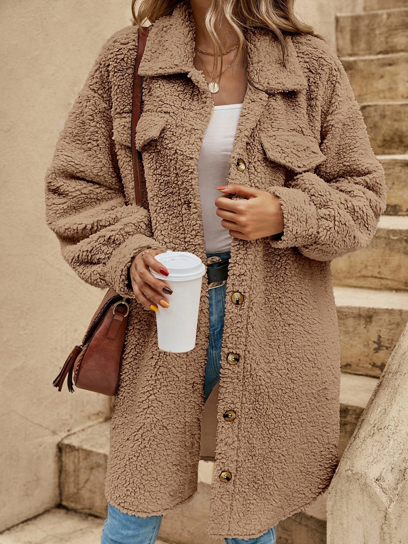 Warm Women's Sherpa Coat with Pockets