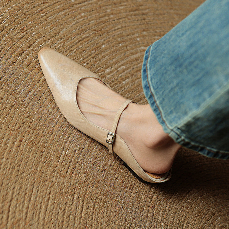 Ladies Slim Pointed-Toe Slip-On Shoes with Buckle Strap