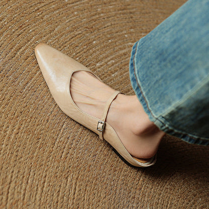 Ladies Slim Pointed-Toe Slip-On Shoes with Buckle Strap
